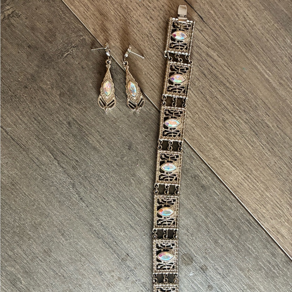 Silver and Opal Antique Bracelet and Earring Set